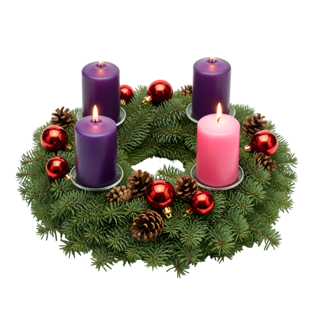 Adventi koszor 3 db lila 1 db rzsaszn gyertyval.