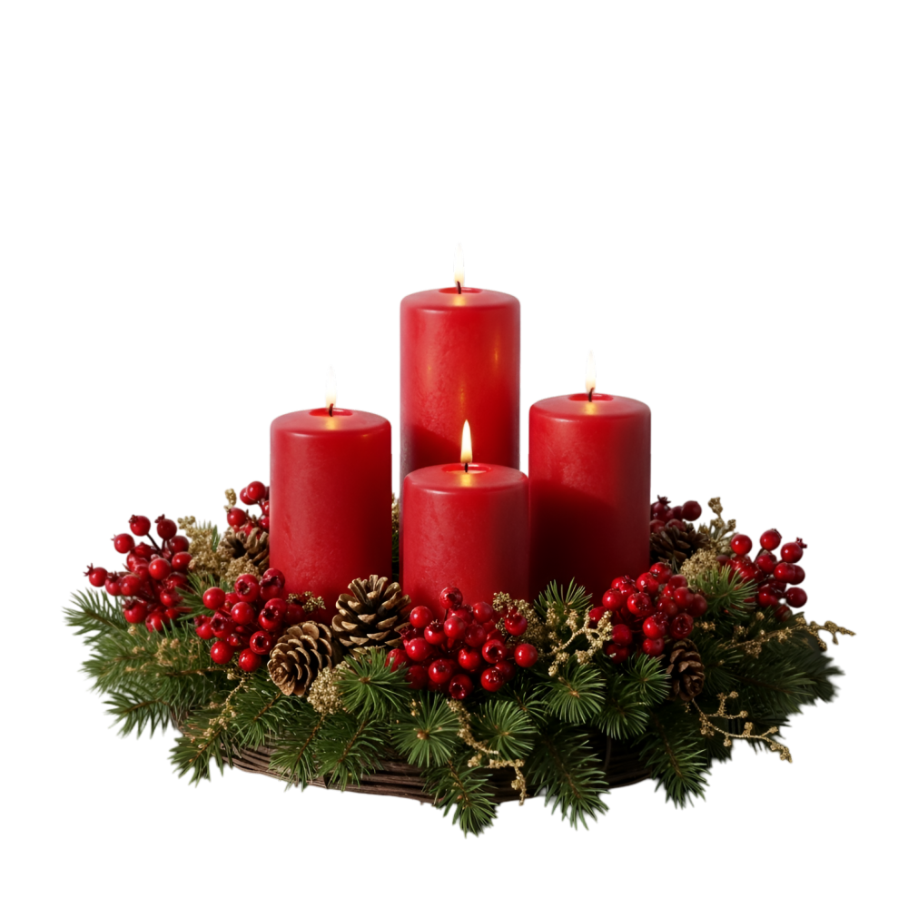 Karcsonyi koszor piros gyertykkal.